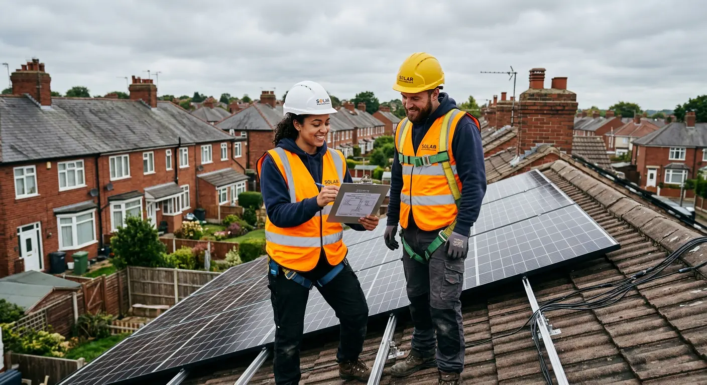 Solar professionals reviewing residential panel